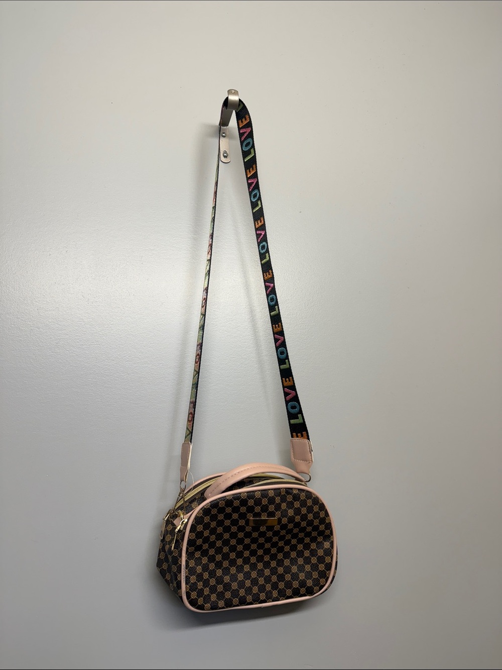 Brown Check Crossbody Bag with Pink Trim